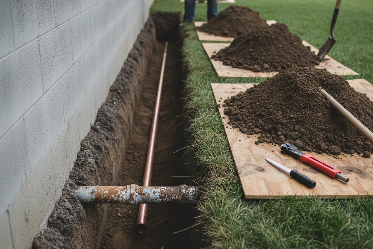 Excavated water line trench during Water Softener Installation in Bowie